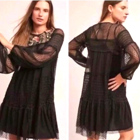 Anthropologie Maeve Samara Mesh Floral Embroidered Midi Dress